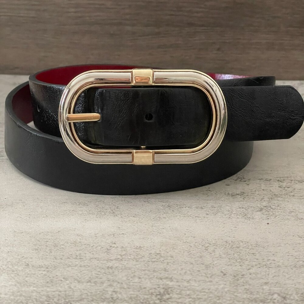 Vintage Reversible Red Black All-Leather Women's Waist Belt Two Tone Buckle